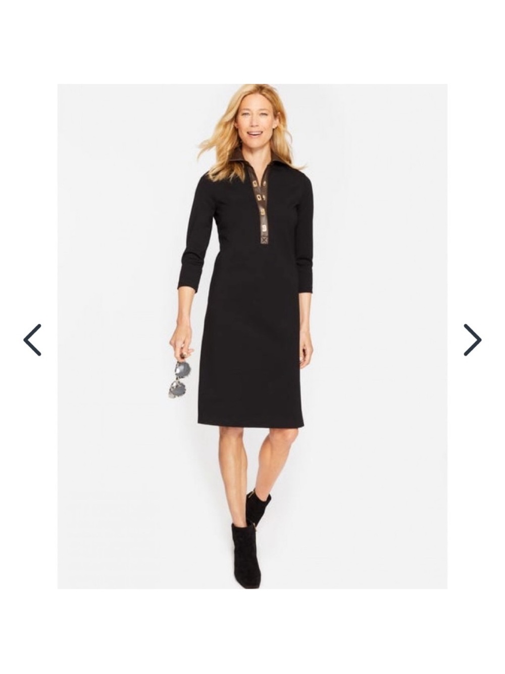 J. McLaughlin Falcon Dress Black w/ brown faux leather trim Small